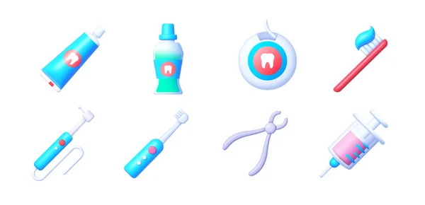 医療デザインのための歯科アイコン3Dと3Dアイコン 口腔衛生 歯ブラシ マウスウォッシュ デンタルフロス 歯磨き粉 ベクトル3Dアイコン — ストックベクタ