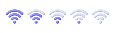 Wifi 3D web arkaplan tasarımı için ayarlandı. Mor Wi-Fi 3D 'li çizgi film koleksiyonu. İnternet erişimi dekoratif tasarım şablonu. Vektör izole illüstrasyonu.