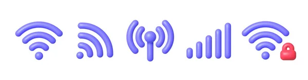 Wifi 3D设置为Web后台设计 带有紫色无线网络3D的卡通系列 互联网接入装饰设计模板 矢量孤立的说明 — 图库矢量图片
