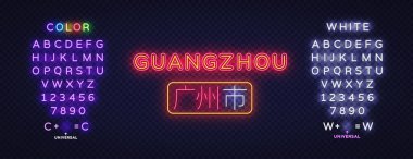 Guangzhou şehri neon ışığı. Tasarım şablonu, hafif afiş, gece tabelası. Çince çeviri Guangzhou. Vektör pankartı.