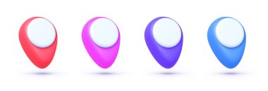 Konum beyaz arkaplanda 3 boyutlu olarak ayarlandı. Parlak harita işaretleri. Harita işaretleyicileri 3d simgeleri. Vektör illüstrasyonu.