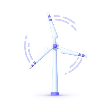 Beyaz arka planda yel değirmeni 3D. Eko enerji, elektrik sinyali. Yeşil elektrik illüstrasyonu. İzole vektör illüstrasyonu.