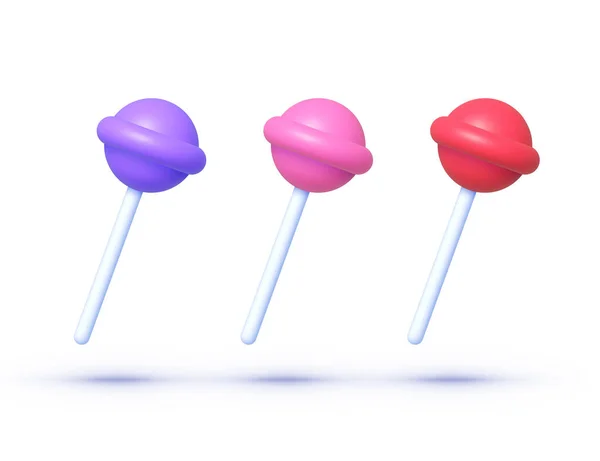 現実的な甘いロリポップセット3D 漫画スタイルのスティックに丸みを帯びた多色のキャンディー ベクトルイラストデザイン — ストックベクタ