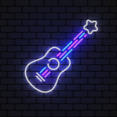 Gitar neon ikonu siyah arkaplanda. Vektör illüstrasyonu.