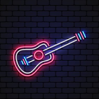 Konsept tasarım için renkli gitar ikonu neon ışıklı arkaplanı olan güzel çizgi sanatı. Vektör illüstrasyonu.