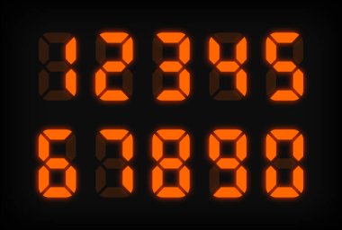 Siyah arka planda turuncu elektronik numaralar. LED saat. Dijital saat. Elektronik arama. Dijital çalar saat. Vektör illüstrasyonu.