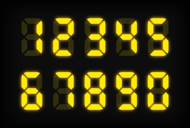 Işık arkaplanındaki sarı dijital sayılar. Elektronik figürler. Açık yeşil Dijital LED numaraları. Vektör tipografi.