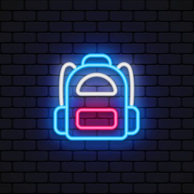 Konsept tasarım için düz sırt çantası neonu. Seyahat için sırt çantası, turizm simgesi. Vektör illüstrasyonu.
