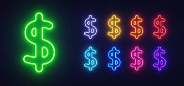 Parlayan ışıkların renkli varyasyonlarıyla neon şeklinde dolar para birimi sembolü. Merkezi yeşil simge kırmızı, mavi, mor ve turuncu tasarımlarla çevrili. Vektör İllüstrasyonu.