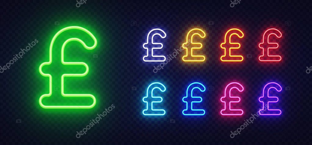 Pound symbol glowing in neon light with multiple color versions beside the main green icon. Bright rows of red, yellow, violet, and cyan create contrast. Vector Illustration.