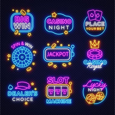 Kumar makinesi, ikramiye, kumarhane kraliyet bahisleri ve daha fazlasının olduğu büyük neon tabela koleksiyonu. Kumarhane bağlantılı görseller için 12 renkli parlak tasarım. Vektör illüstrasyonu