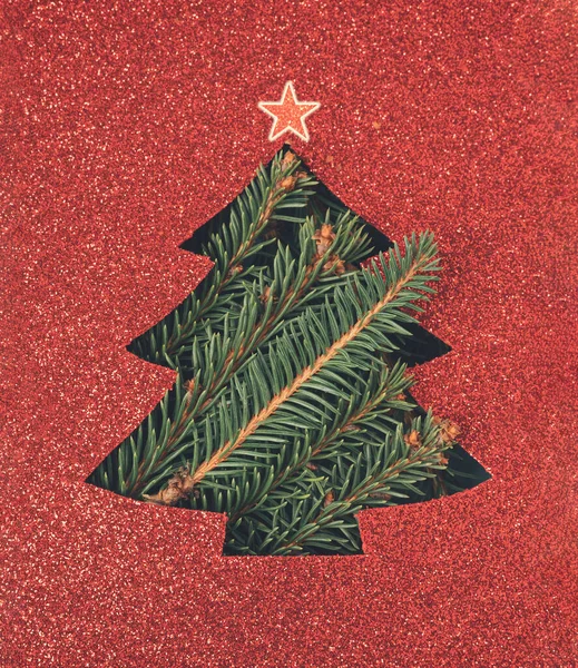 Kartu Pohon Natal Dengan Kertas Merah Cutout Glitter Dan Cabang — Stok Foto