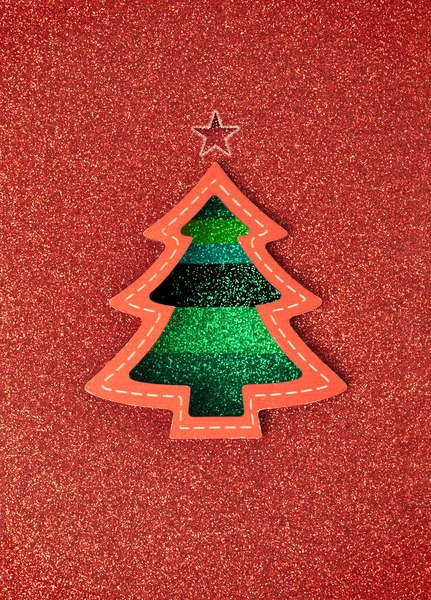 Weihnachtsbaumkarte Mit Rotem Und Grünem Glitzerpapier Urlaub Weihnachtsstimmung Minimaler Hintergrund — Stockfoto
