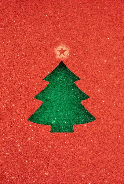 Sparkling Glitter Paper Red Green Cutout Christmas Tree Spruce Symbol — Stock Photo, Image