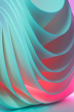 Abstract 3D layered shapes in teal and pink hues. Futuristic dynamic background