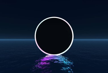 Surreal 3D circular frame floating above the water surface. Neon futuristic rendering