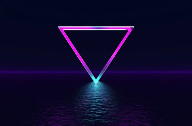 Triangle neon frame floating above the liquid surface. Futuristic surreal 3D rendering