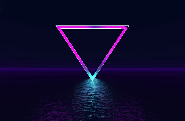 Triangle neon frame floating above the liquid surface. Futuristic surreal 3D rendering