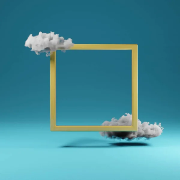 Yellow Square Frame Floating Gradient Blue Background Clouds Copy Space Stock Image