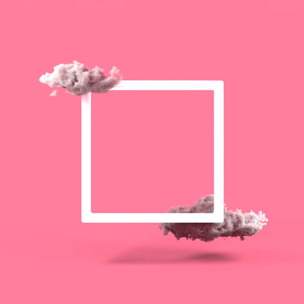 White square frame with pink clouds floating against pastel pink background. Surreal abstract 3D render — Stock Image White Square Frame Pink Clouds Floating Pastel Pink Background Surreal Stock Picture