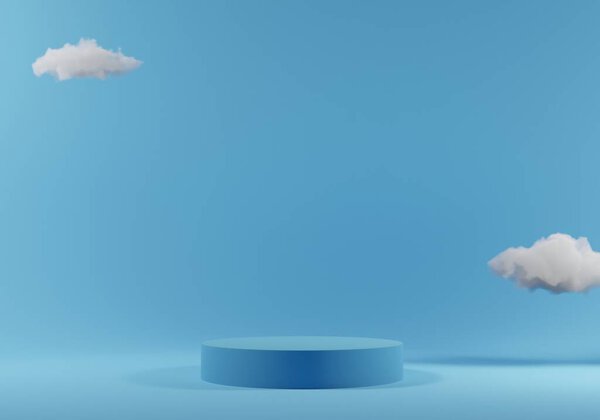 Sky blue background with clouds and mock-up in the center. Product template 3D render — Stock Image Sky Blue Background Clouds Mock Center Product Template Render Royalty Free Stock Photos