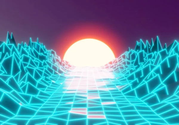80年代のコンピュータグラフィックスレーザーグリッド日没の背景 レトロ未来派アブストラクトスタイルの背景 — ストック写真