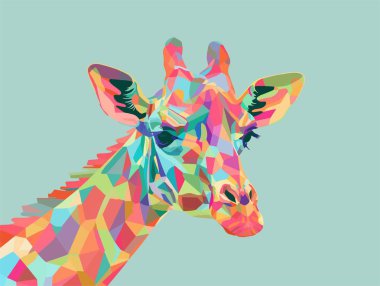 Giraffe portrait illustration made of colorful polygons. Datamoshing, glitch art wildlife background clipart