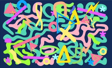 Abstract colorful neon shapes against the dark background. Retro, maximalist, cluttercore vector drawing clipart