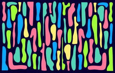 Karanlık arkaplana karşı soyut renkli neon şekiller. Retro, Maximalist, cluttercore vektör çizimi