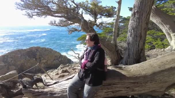 海を眺めている女性 モントレー近くの北カリフォルニアで晴れた日に撮影された高品質の4K映像 — ストック動画
