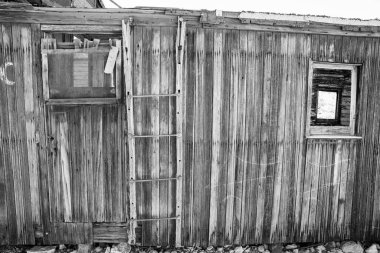 Old 19th Centruy Caboose in decay resting directly on the ground. High quality photo in black and white 