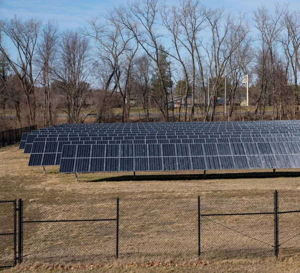 Solar Panel Farm Winter Bright Sunny Day Blue Skies Low — Stock Photo, Image