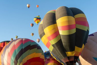 Albuquerque NM, ABD - 7 Ekim 2023 - Açık bir günün şafağında Albuquerque Balon Festivali 'nde sıcak hava balonları havalanacak