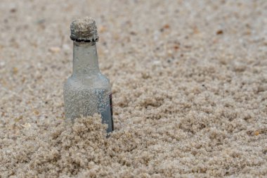 Tek kullanımlık içki şişesi sahile vurmuş. Plastiğin uygun olmayan bir şekilde imha edildiğini gösteren çevre kavramı