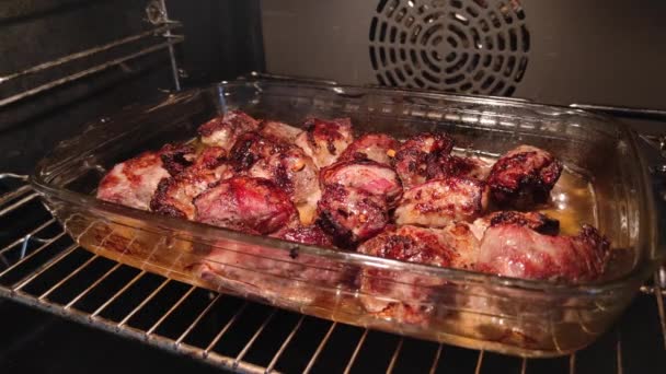 Carne Cuece Horno Cocinar Carne Vaso — Vídeos de Stock