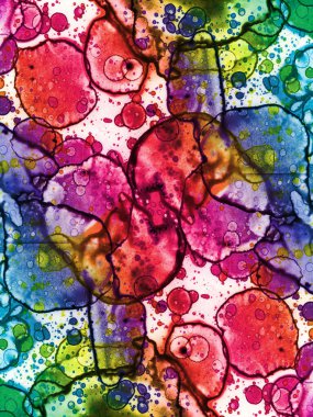 Modern soyut sanat. Suluboya ve alkol mürekkeplerinden oluşan bir gökkuşağı. Çalışma parçasının arkaplan ve dokusu