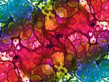 Modern soyut sanat. Suluboya ve alkol mürekkeplerinden oluşan bir gökkuşağı. Çalışma parçasının arkaplan ve dokusu