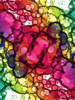 Modern soyut sanat. Suluboya ve alkol mürekkeplerinden oluşan bir gökkuşağı. Çalışma parçasının arkaplan ve dokusu