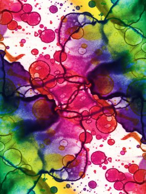 Modern soyut sanat. Suluboya ve alkol mürekkeplerinden oluşan bir gökkuşağı. Çalışma parçasının arkaplan ve dokusu