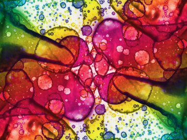 Modern soyut sanat. Suluboya ve alkol mürekkeplerinden oluşan bir gökkuşağı. Çalışma parçasının arkaplan ve dokusu