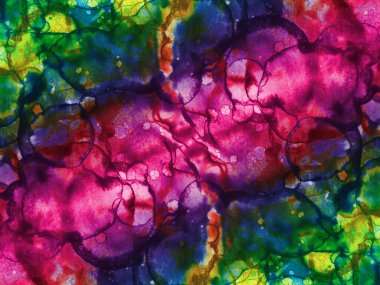 Modern soyut sanat. Suluboya ve alkol mürekkeplerinden oluşan bir gökkuşağı. Çalışma parçasının arkaplan ve dokusu