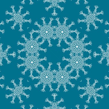 Kusursuz bir Noel deseni. Noel arka planı mavisi. Kar tanesi deseni. Mutlu yıllar.