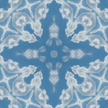 Bulutların ve gökyüzünün kusursuz deseni. Mavi gökyüzü ve beyaz bulutların dokusu. Mozaik kaleydoskop