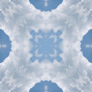 Bulutların ve gökyüzünün kusursuz deseni. Mavi gökyüzü ve beyaz bulutların dokusu. Mozaik kaleydoskop