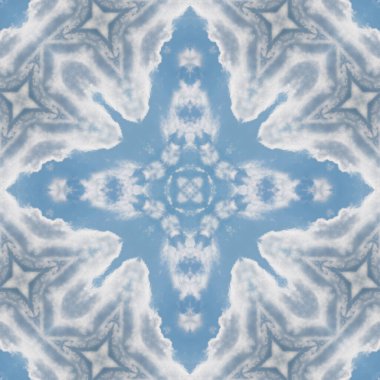 Bulutların ve gökyüzünün kusursuz deseni. Mavi gökyüzü ve beyaz bulutların dokusu. Mozaik kaleydoskop