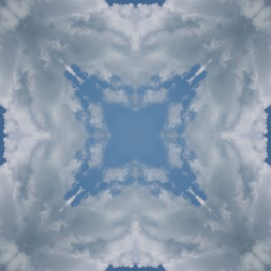 Bulutların ve gökyüzünün kusursuz deseni. Mavi gökyüzü ve beyaz bulutların dokusu. Mozaik kaleydoskop