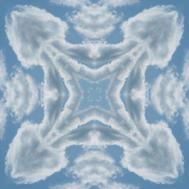 Bulutların ve gökyüzünün kusursuz deseni. Mavi gökyüzü ve beyaz bulutların dokusu. Mozaik kaleydoskop