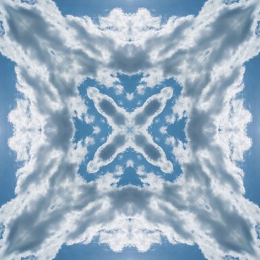 Bulutların ve gökyüzünün kusursuz deseni. Mavi gökyüzü ve beyaz bulutların dokusu. Mozaik kaleydoskop