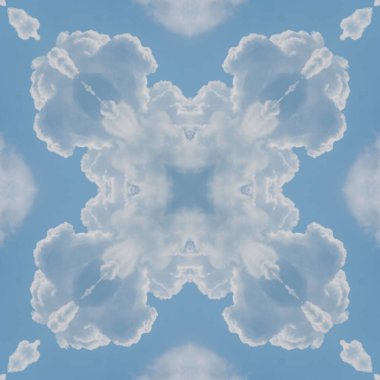 Bulutların ve gökyüzünün kusursuz deseni. Mavi gökyüzü ve beyaz bulutların dokusu. Mozaik kaleydoskop