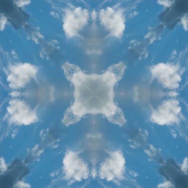 Bulutların ve gökyüzünün kusursuz deseni. Mavi gökyüzü ve beyaz bulutların dokusu. Mozaik kaleydoskop